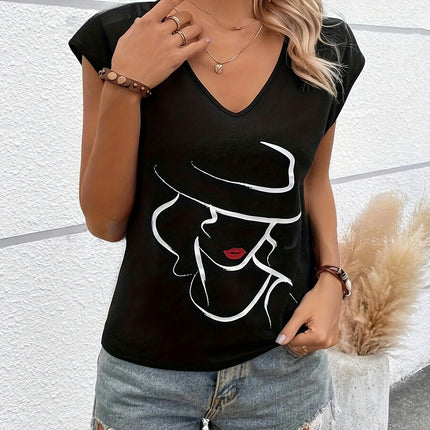 Graphic Print V Neck T-shirt, Casual Cap Sleeve Top For Spring & Summer, Women's Clothing