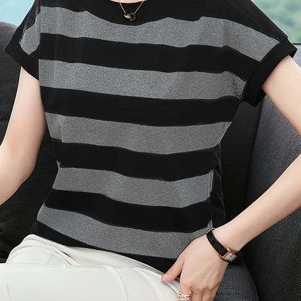 Striped Crew Neck Women'sT-Shirt - Soft, Breathable,Cap Sleeve, Perfect for Spring & Summer