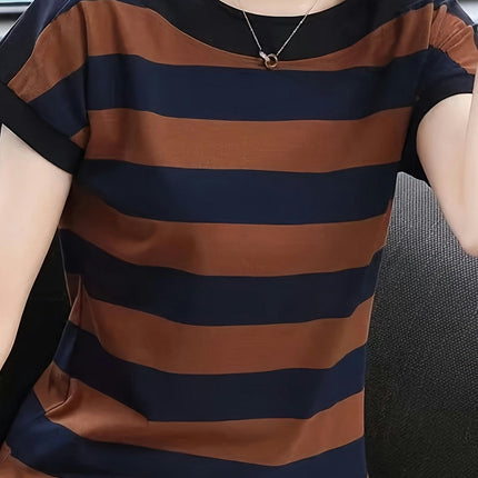 Striped Crew Neck Women'sT-Shirt - Soft, Breathable,Cap Sleeve, Perfect for Spring & Summer