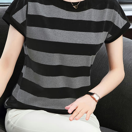 Striped Crew Neck Women'sT-Shirt - Soft, Breathable,Cap Sleeve, Perfect for Spring & Summer