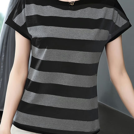 Striped Crew Neck Women'sT-Shirt - Soft, Breathable,Cap Sleeve, Perfect for Spring & Summer