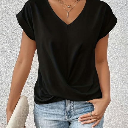 Solid Color V Neck T-Shirt, Casual Cap Sleeve T-Shirt For Spring & Summer, Women's Clothing