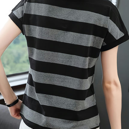 Striped Crew Neck Women'sT-Shirt - Soft, Breathable,Cap Sleeve, Perfect for Spring & Summer