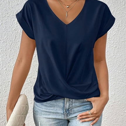 Solid Color V Neck T-Shirt, Casual Cap Sleeve T-Shirt For Spring & Summer, Women's Clothing