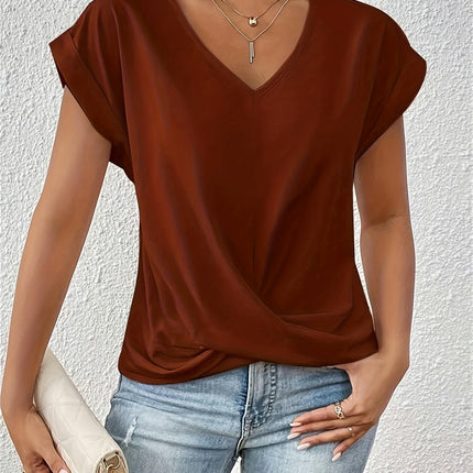 Solid Color V Neck T-Shirt, Casual Cap Sleeve T-Shirt For Spring & Summer, Women's Clothing