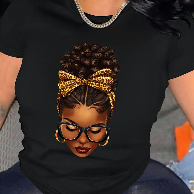 Women's Summer Casual Short-Sleeve T-Shirt With Leopard Bow Hairstyle Graphic, Crew Neck Top