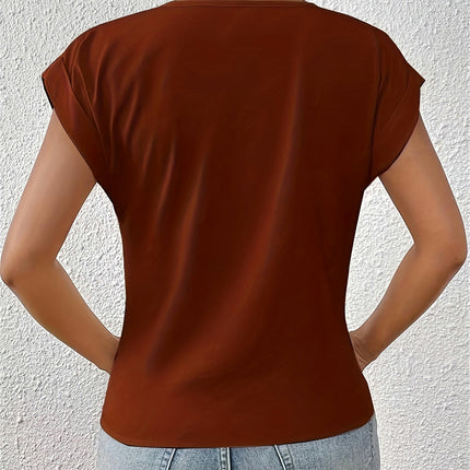 Solid Color V Neck T-Shirt, Casual Cap Sleeve T-Shirt For Spring & Summer, Women's Clothing