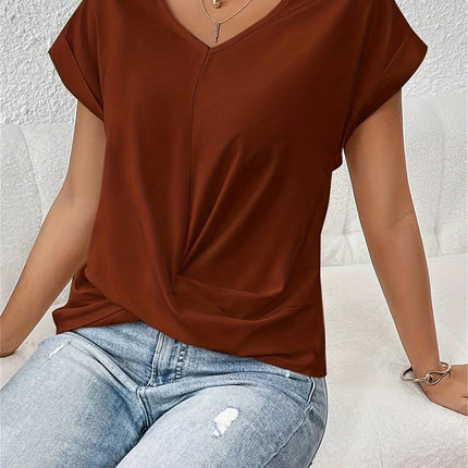 Solid Color V Neck T-Shirt, Casual Cap Sleeve T-Shirt For Spring & Summer, Women's Clothing