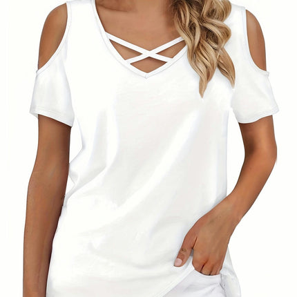 Womens Summer Shirts V Neck Criss Cross Cold Shoulder Tops Solid Color Casual Loose Sexy Blouse