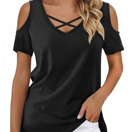 Womens Summer Shirts V Neck Criss Cross Cold Shoulder Tops Solid Color Casual Loose Sexy Blouse