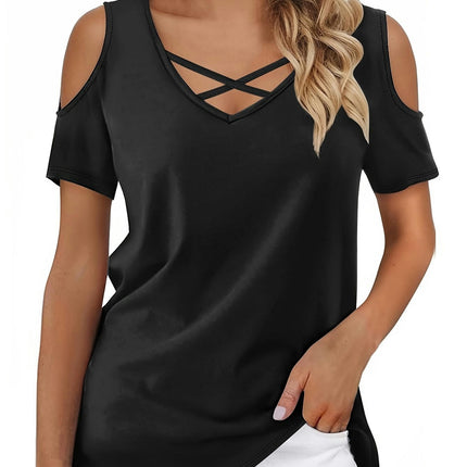 Womens Summer Shirts V Neck Criss Cross Cold Shoulder Tops Solid Color Casual Loose Sexy Blouse