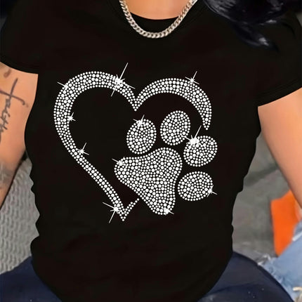 Adorable Heart & Paw Print Womens T-shirt Crew Neck Top - Lightweight, Breathable for Summer