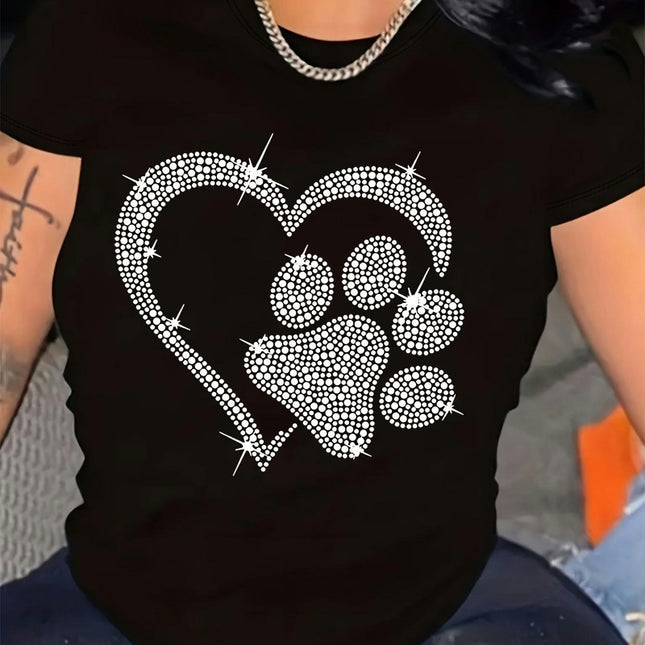 Adorable Heart & Paw Print Womens T-shirt Crew Neck Top - Lightweight, Breathable for Summer