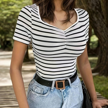 Striped Print Ruched Slim Fit T-Shirt - Women's Casual Square Neck Short Sleeve Tee for Summer