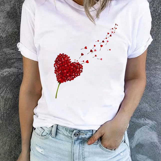 Women's Clothing Heart Print Crew Neck T-shirt, Casual Short Sleeve Top For Spring & Summer