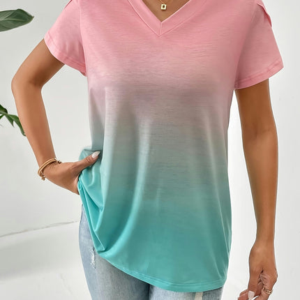 Women's Gradient Petal Sleeve V-Neck T-Shirt, Casual Polyester Knit Top for Summer