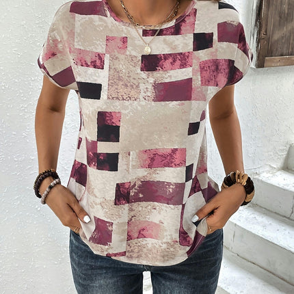 Women's Chic Geometric Print T-Shirt - Casual Crew Neck Ideal for Summer Wear