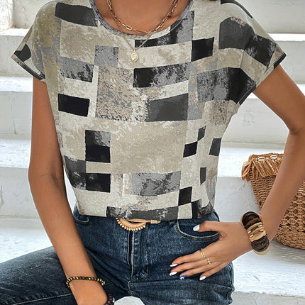 Women's Chic Geometric Print T-Shirt - Casual Crew Neck Ideal for Summer Wear