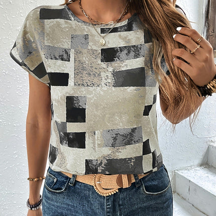 Women's Chic Geometric Print T-Shirt - Casual Crew Neck Ideal for Summer Wear