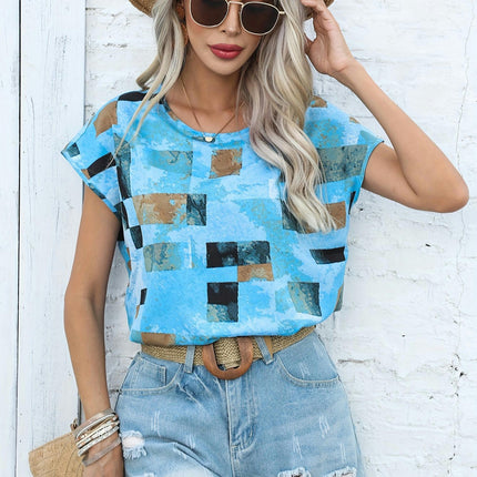 Women's Chic Geometric Print T-Shirt - Casual Crew Neck Ideal for Summer Wear