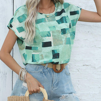 Women's Chic Geometric Print T-Shirt - Casual Crew Neck Ideal for Summer Wear