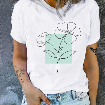 Womens Floral Print Casual Tee Short Sleeve Round Neck Sportswear with Eye-Catching Graphic