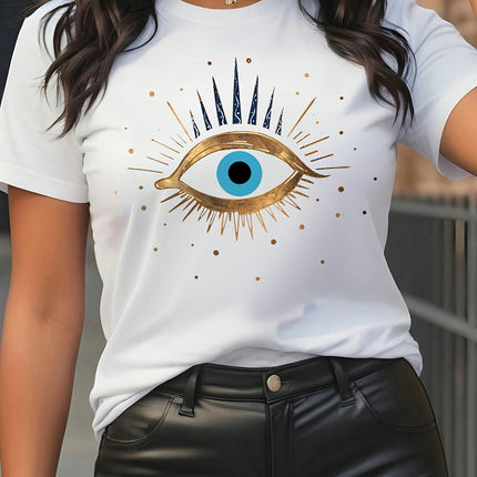 Summer Women's Eye Print Short Sleeve Crew Neck Casual T-shirt for Spring