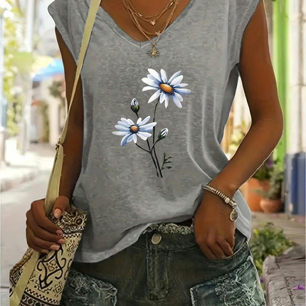 Floral Print V-Neck T-Shirt - Short Sleeve, Casual, Soft, Relaxed Fit Top for Outdoor Activities