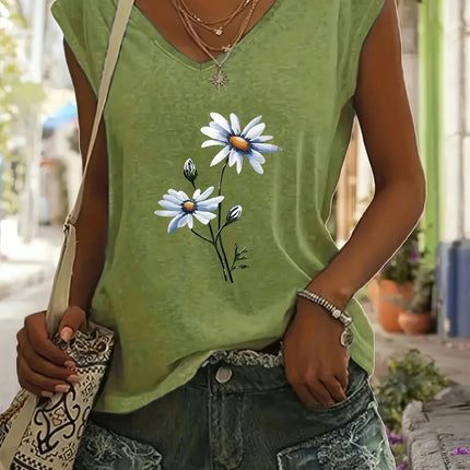 Floral Print V-Neck T-Shirt - Short Sleeve, Casual, Soft, Relaxed Fit Top for Outdoor Activities