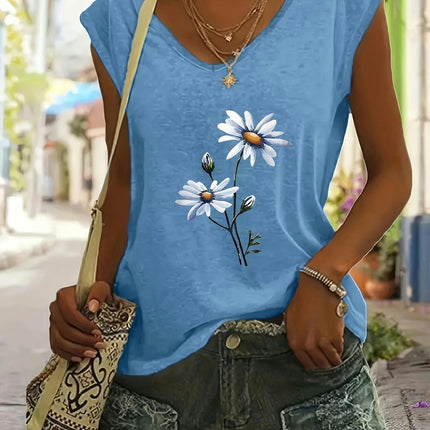 Floral Print V-Neck T-Shirt - Short Sleeve, Casual, Soft, Relaxed Fit Top for Outdoor Activities