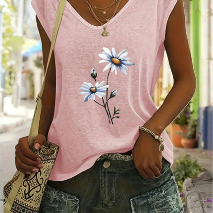 Floral Print V-Neck T-Shirt - Short Sleeve, Casual, Soft, Relaxed Fit Top for Outdoor Activities