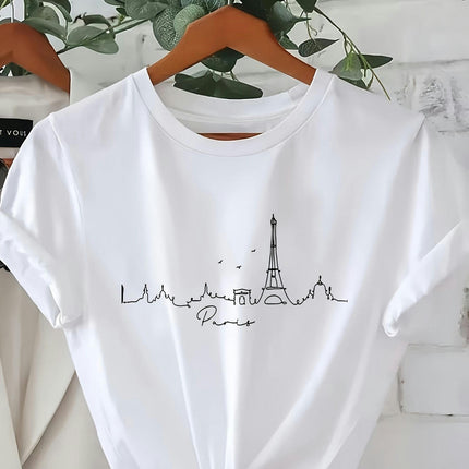 Women's Short Sleeve Crew Neck Eiffel Tower Print T-shirt, Casual Summer & Spring Top