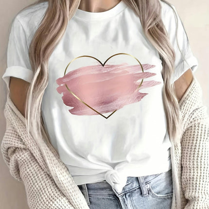 Heart Print Crew Neck T-shirt, , Women's Clothing Casual Short Sleeve Top For Spring & Summer