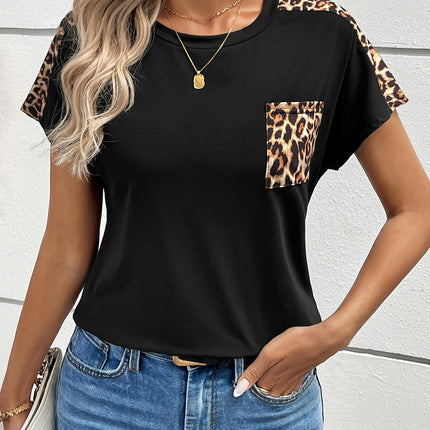 Leopard Crew Neck T-shirt-Short Sleeves Relaxed Fit Casual Tee for Warm Weather