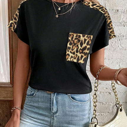 Leopard Crew Neck T-shirt-Short Sleeves Relaxed Fit Casual Tee for Warm Weather