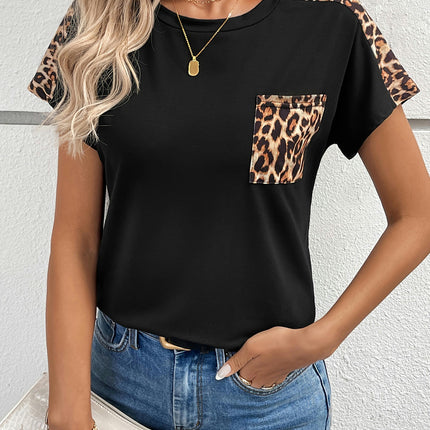 Leopard Crew Neck T-shirt-Short Sleeves Relaxed Fit Casual Tee for Warm Weather