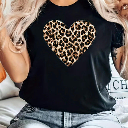 Ladies' Casual Short-Sleeved Leopard Print Round-Neck T-Shirt Comfortable, Outdoor, Summer, Spring