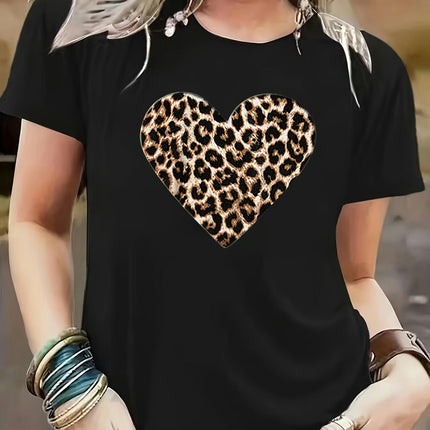 Ladies' Casual Short-Sleeved Leopard Print Round-Neck T-Shirt Comfortable, Outdoor, Summer, Spring