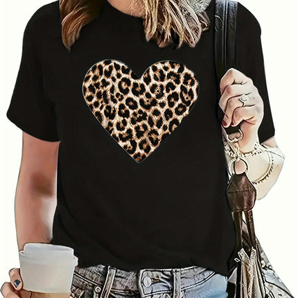 Ladies' Casual Short-Sleeved Leopard Print Round-Neck T-Shirt Comfortable, Outdoor, Summer, Spring