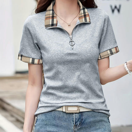 Patchwork Print Collared T-Shirt, Casual Short Sleeve T-Shirt For Summer, Women's Clothing