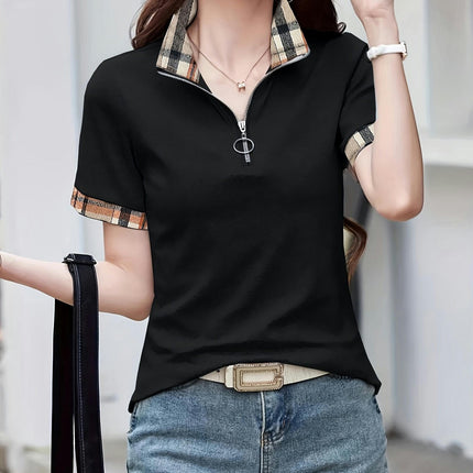 Patchwork Print Collared T-Shirt, Casual Short Sleeve T-Shirt For Summer, Women's Clothing