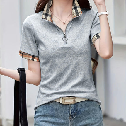 Patchwork Print Collared T-Shirt, Casual Short Sleeve T-Shirt For Summer, Women's Clothing