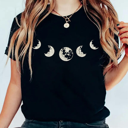 Moon Print Crew Neck T-shirt, Casual Short Sleeve Top For Spring & Summer, Women's Clothing