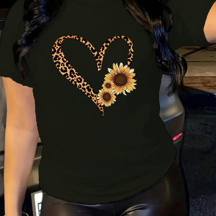 Leopard Heart & Sunflower Print Comfy T-Shirt - Women's Round Neck Short Sleeve Sports Tee