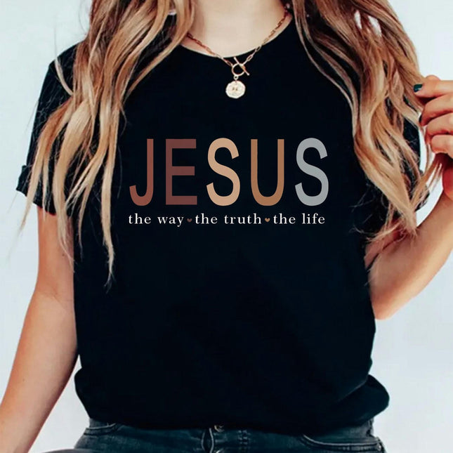 Jesus Graphic Print Solid T-Shirt, Crew Neck Short Sleeve Casual Top Women's Summer Clothing