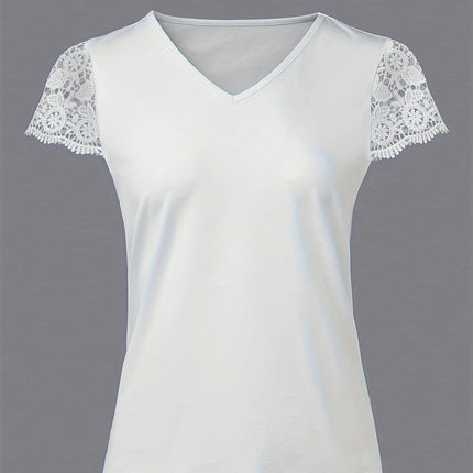 Vibrant Lace Splicing V-Neck Tee - Comfortable Short Sleeve, Breathable for Spring & Summer