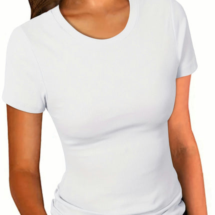 Women's Crew Neck Ribbed Fitted Shirt Summer Short Sleeves Basic T Shirt Tops