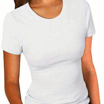 Women's Crew Neck Ribbed Fitted Shirt Summer Short Sleeves Basic T Shirt Tops