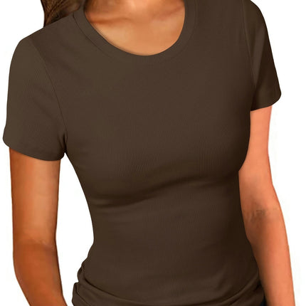 Women's Crew Neck Ribbed Fitted Shirt Summer Short Sleeves Basic T Shirt Tops