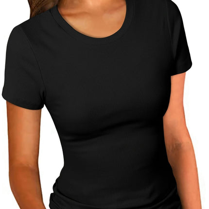 Women's Crew Neck Ribbed Fitted Shirt Summer Short Sleeves Basic T Shirt Tops